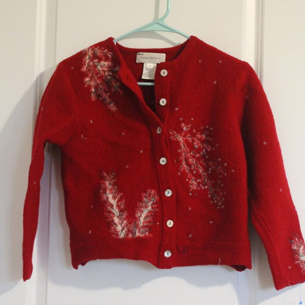 Vintage Wool red Cardigan Embroidered Cropped no size French Chic Cabincore